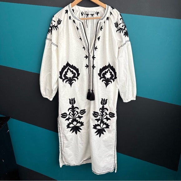 Zara Monochrome Embroidered Long Sleeve Dress - Picture 3 of 12